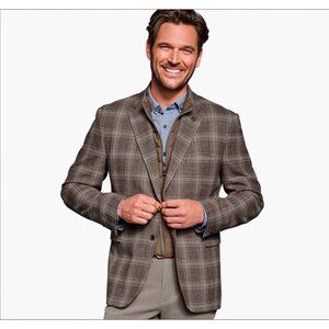 Johnston & Murphy Tailored Fit Taupe Plaid Blazer Removable Quilted Bib 100 Wool
